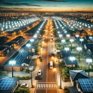 Aerial view of a neighborhood with solar LED street lights at twilight