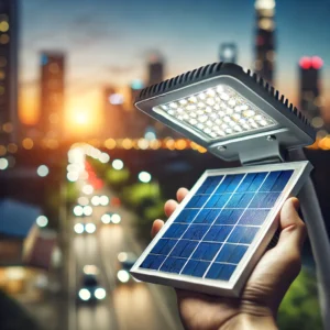 Close-up of a solar LED street light with a solar panel at dusk