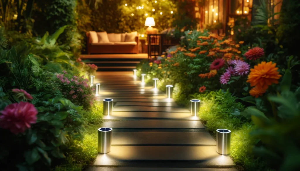 Garden pathway with magnetic solar lights