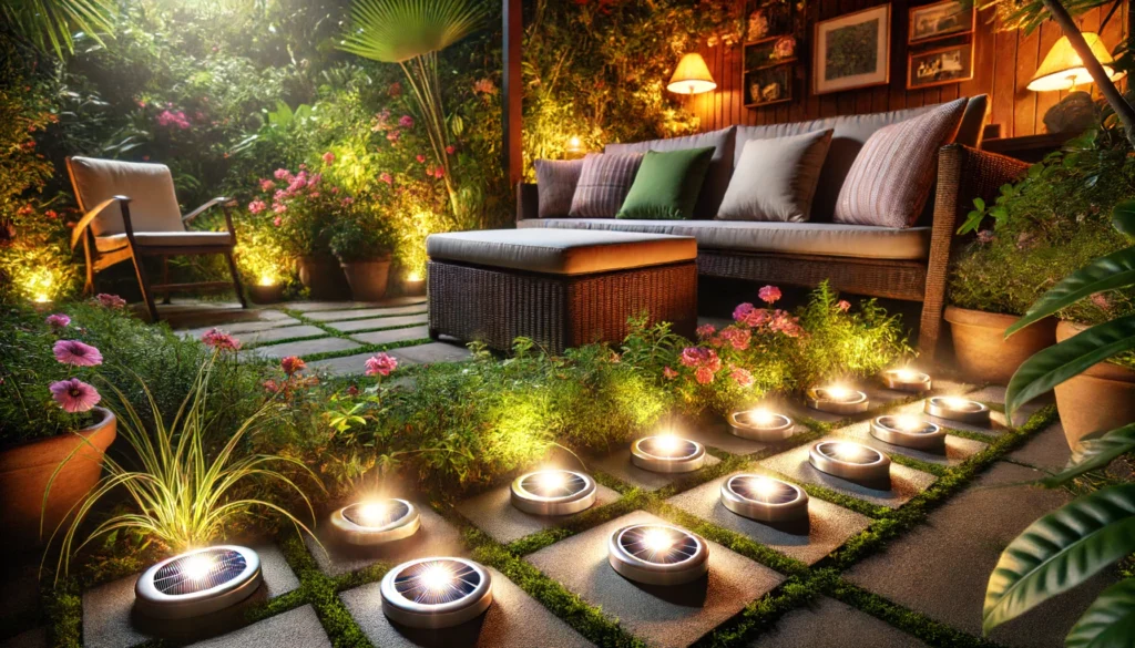 Garden seating area with magnetic solar lights