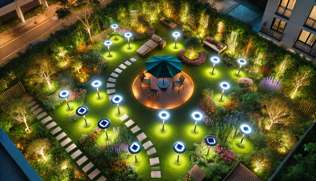 Overhead view of garden with magnetic solar lights