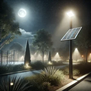 Park illuminated by solar LED street lights at night